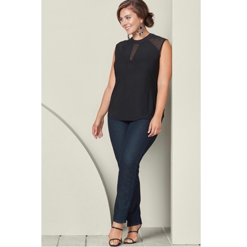 Black Mesh Inset Cap Sleeve Top - Picture 2 of 5